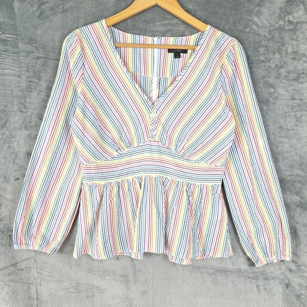 J Crew Top 4 Babydoll Rainbow Striped Seersucker Peplum Colorful Preppy Pride